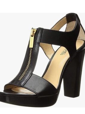 Michael Kors Berkley Black Leather T-Strap Platform Heel with Gold Zipper Size 9